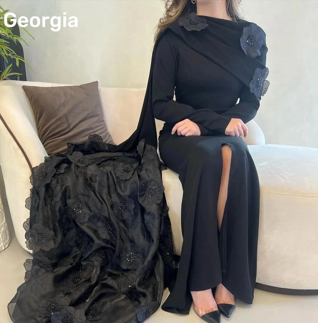 Customized Evening Dress Luxury Column Scoop Neckline Prom Dresses Beadings Hand-Made Flowers Zipper Up Long Sleeves Vestidos De