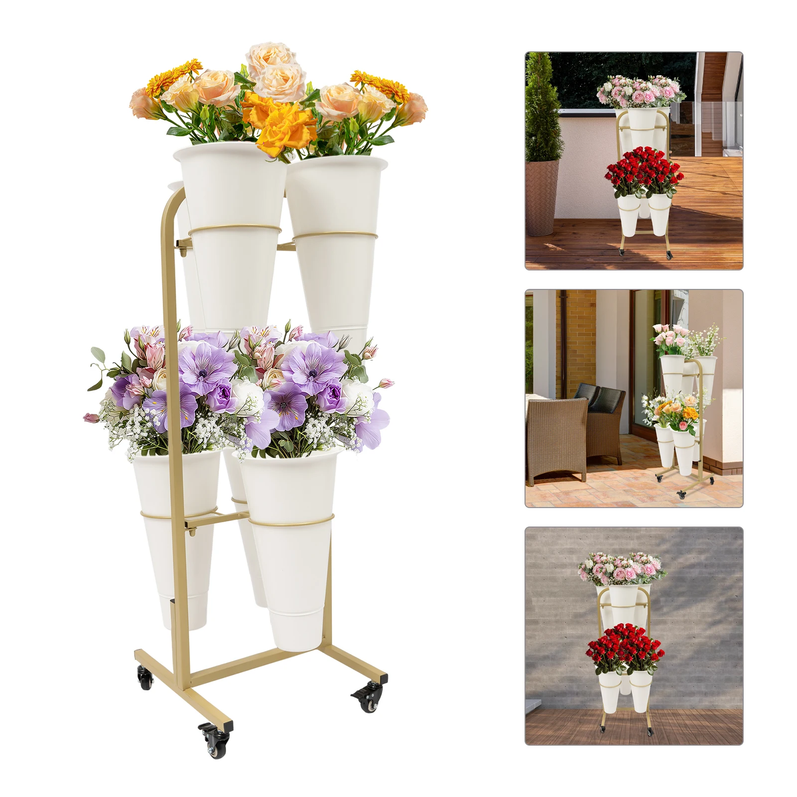 Flower Display Stand - 2-Tiers 6-Buckets Metal Plant Stand, Moving Flower Display Shelf for Home Decor Florist Display