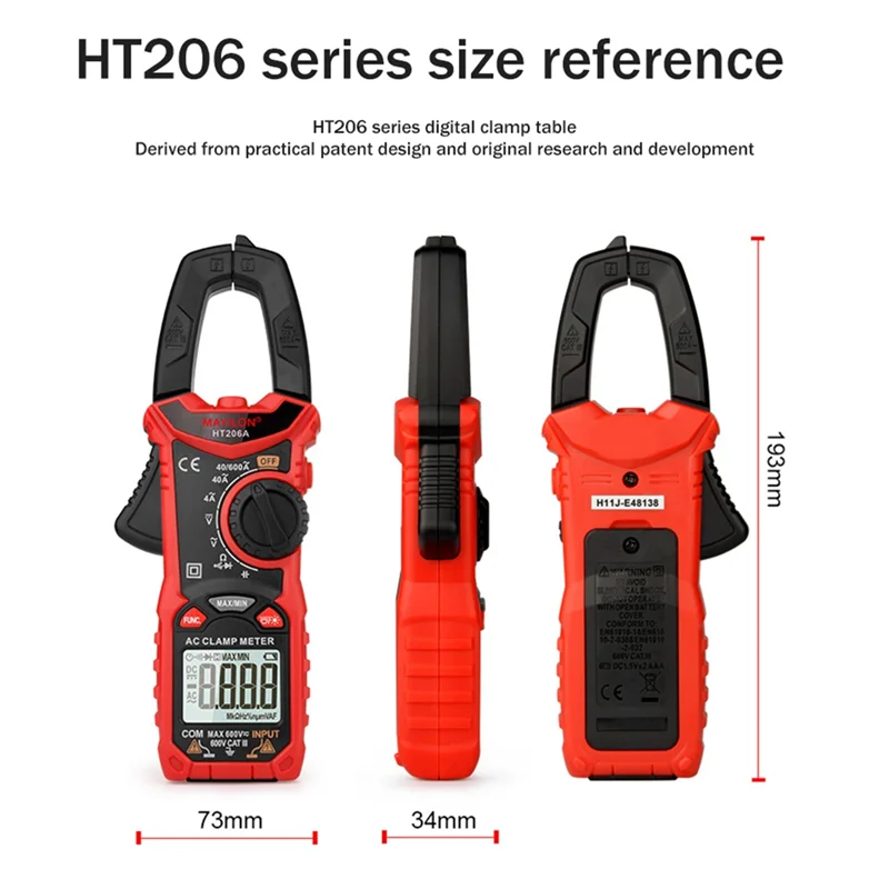 ABFW  HT206A Digital Clamp Meter 600A AC Current Two Color Backlight NCV Voltmeter Ammeter with Carrying Case