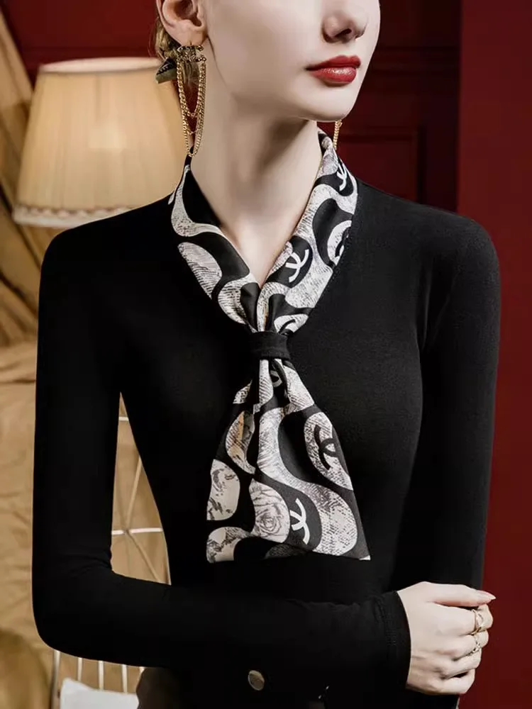 Printed Scarf Neck De Velvet Thickened Long Sleeve T-Shirt Autumn and Winter Milled Black Large Size Tops