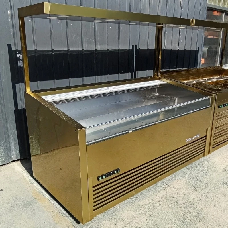 ثلاجة عرض أفقية مبردة بالهواء لشواية أسياخ الوعاء الساخن - مثالية لعرض توابل اللحوم الطازجة على طراز البوفيه