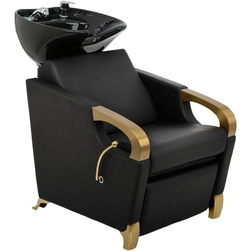 Shampoo Chair, Shampoo Backwash Device, Durable Brushed Gold Armrests and Feet, Ultra Wide Seats, Lever Style Leg Rests