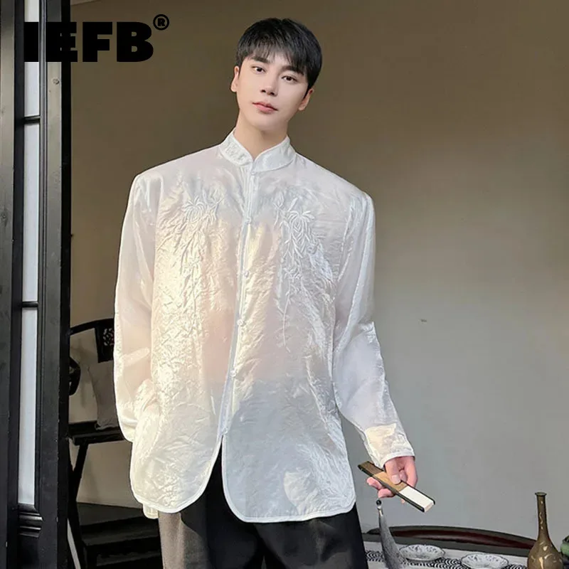 

IEFB 2024 Summer Shirt Men New Embroidered Long Sleeve Chinese Style Perspective Casual Top Loose Male Shirts Trend 9C5485