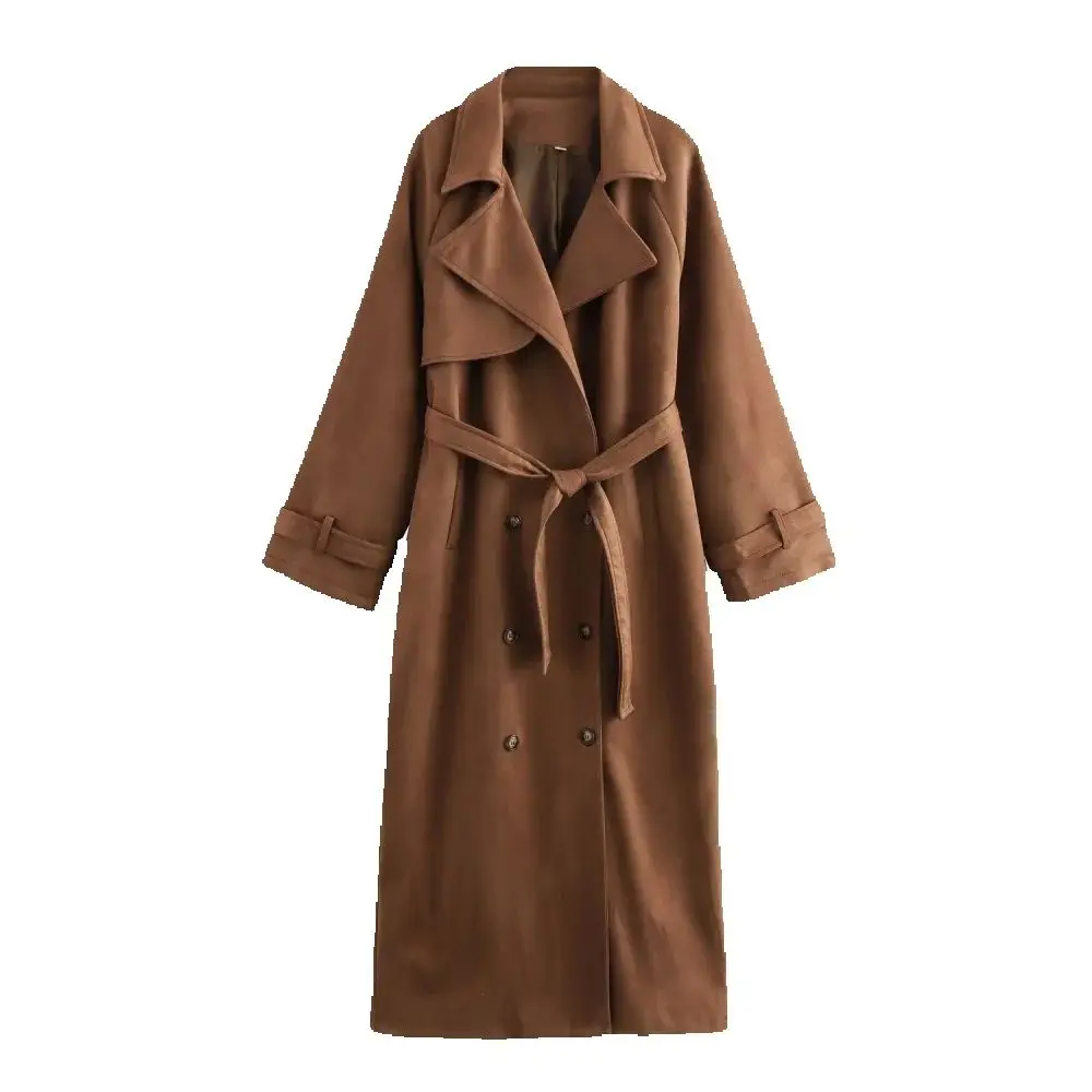 

Women's Suede Loose Coat with Collar Long Sleeve Double breasted Button Pocket and Belt Autumn/Winter New Style Stylish