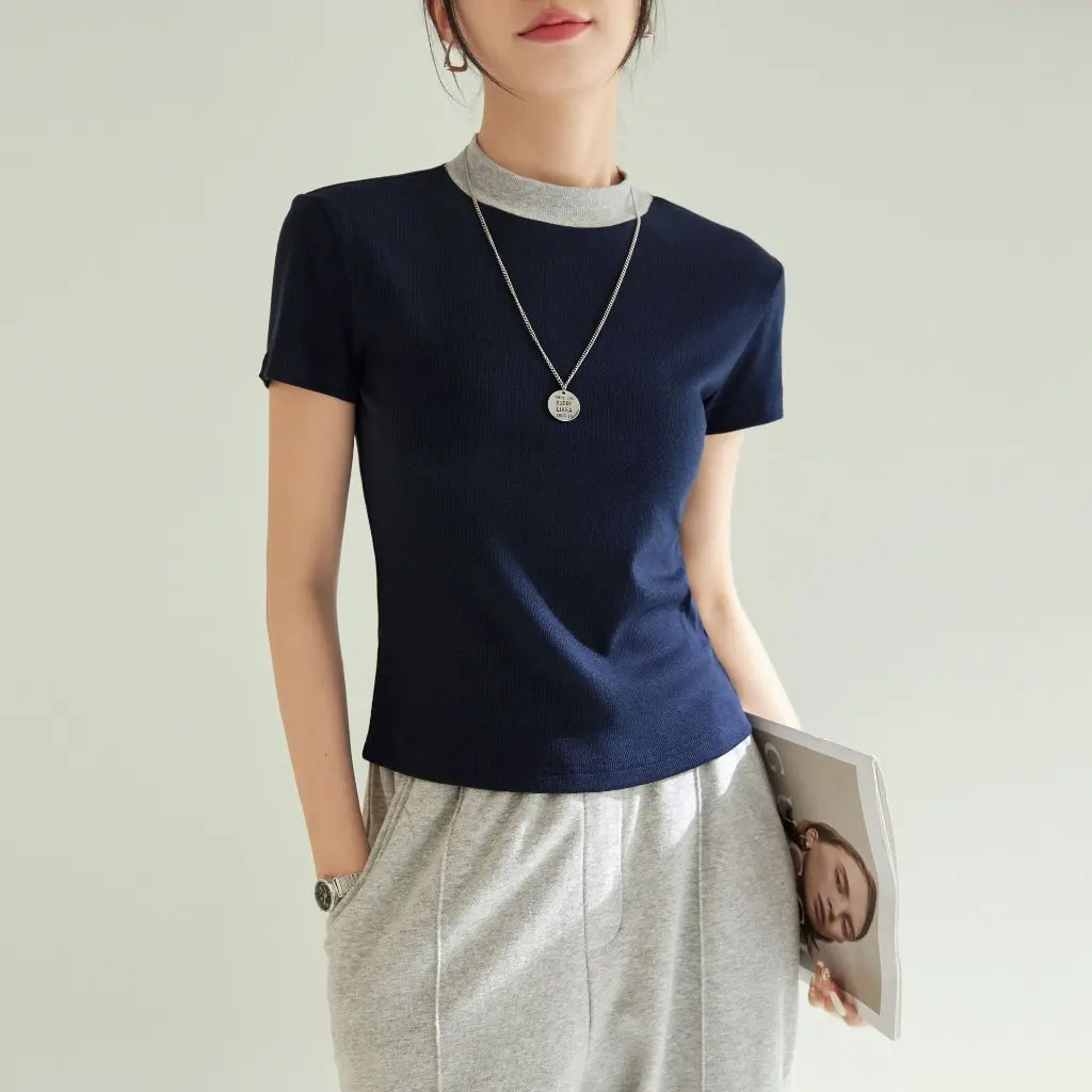 

Women's Slim Fit round Neck T-Shirt High Elastic Ice-Feel Short-Sleeved Pullover French Pinch Waist Top for Spring Summer