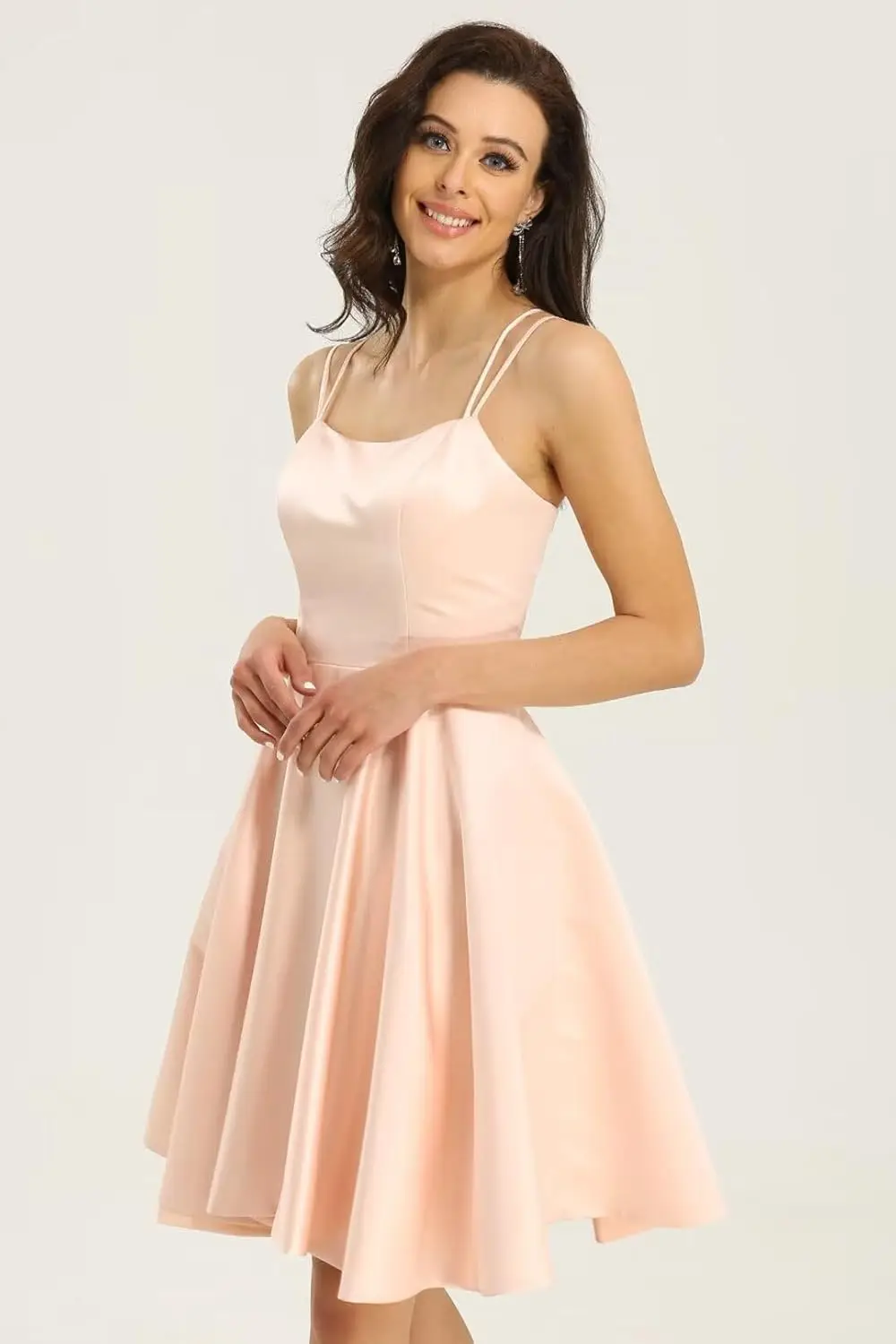 Teenager-Kleid für den Schulanfang, knielang, dünner Schultergurt und Tasche, rückenfreies Ballkleid aus Satin, formelles Abendkleid, kurz