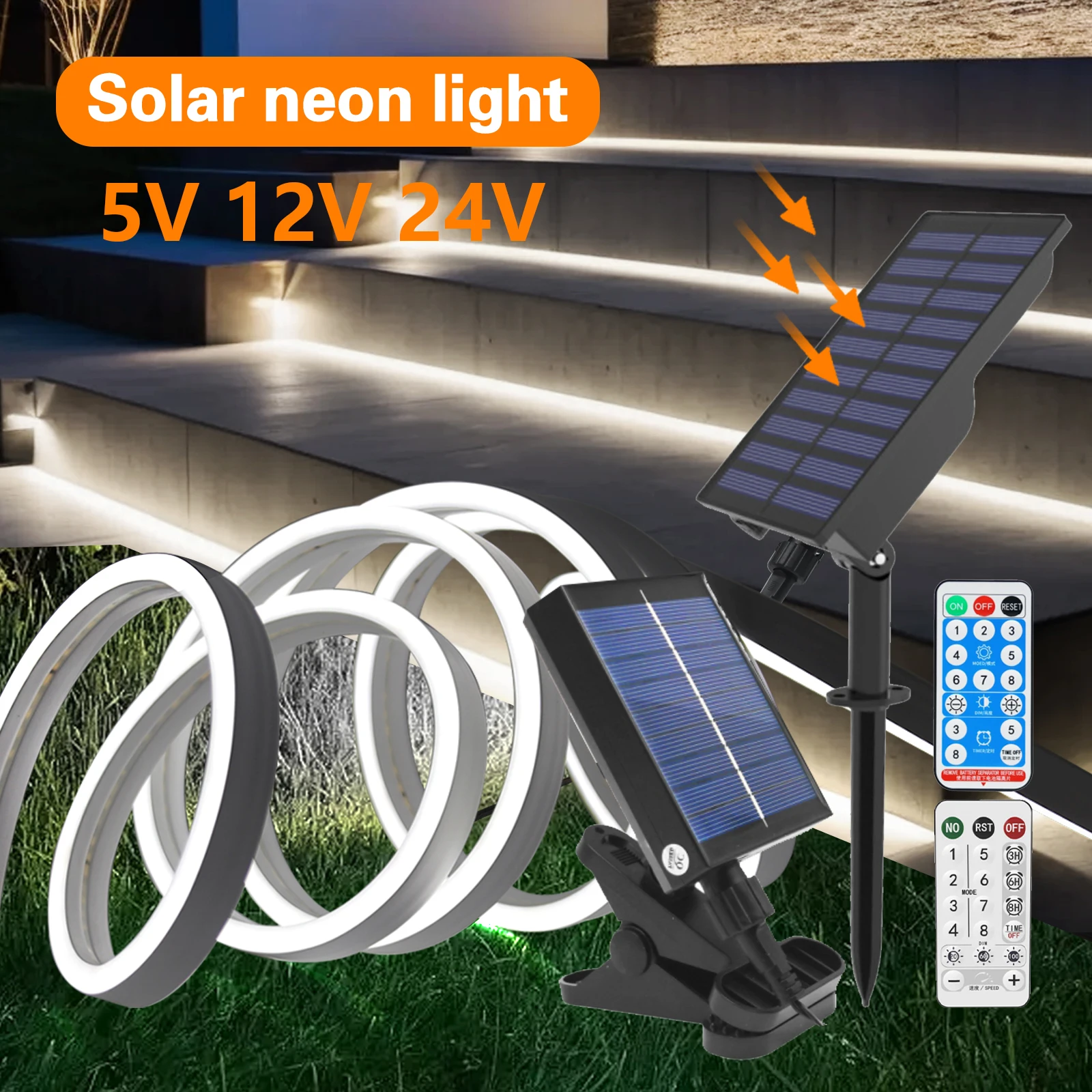 Solarna taśma LED Zewnętrzna wodoodporna elastyczna taśma neonowa 5V 12V 24V Biała ciepła biel Czerwony Zielony Niebieski LED Solarne światła