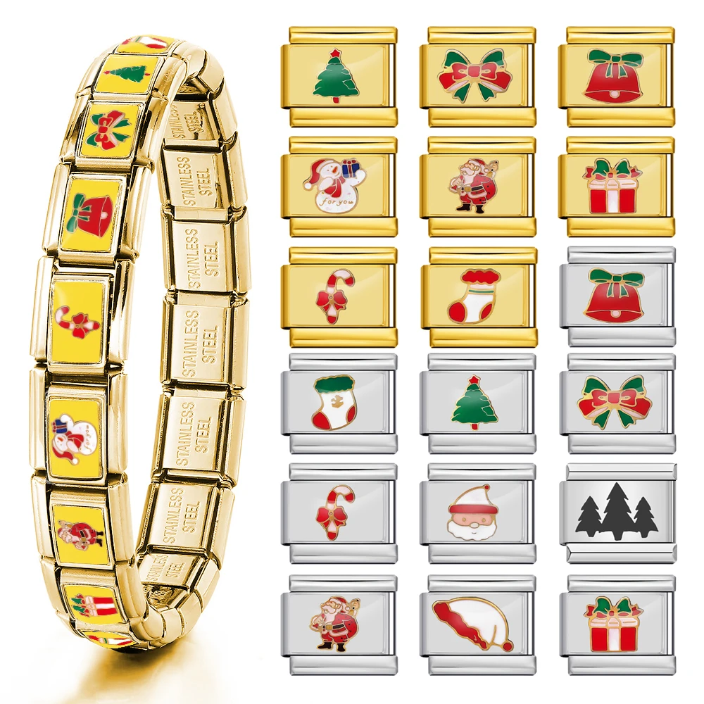 Goldfarbene, trendige Weihnachts-Festival-Serie, Charm-Link aus Edelstahl, passend für 9-mm-Perlen, zum Basteln von DIY-Armbändern, italienische Schmuckgeschenke – Detail 1