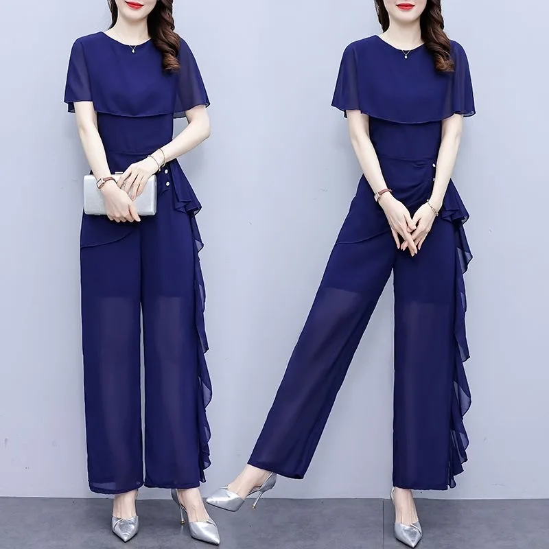 

2023 Summer New Style Temperament Wide Leg Jumpsuit Unique Fashion Chiffon Splice Jumpsuit Set