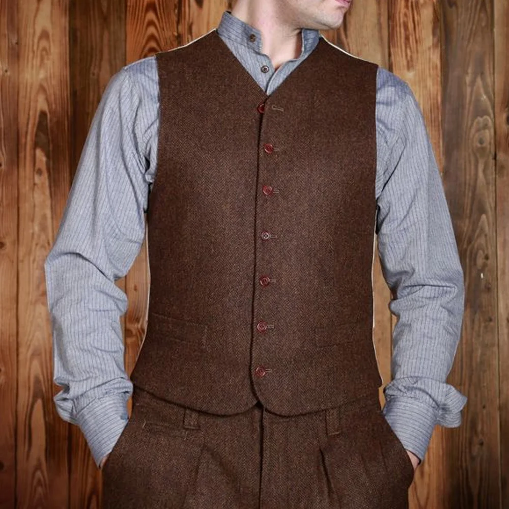 

Повседневный мужской жилет для костюма, V-образный вырез, винтажная ткань «ёлочка», элегантный мужской жилет, однобортный, деловой стиль, классические костюмы