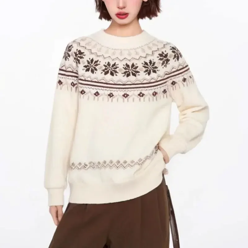 

Вязаные пуловеры в американском стиле ретро Fair Isle, осенне-зимняя модная жаккардовая женская одежда, винтажные свободные свитера с круглым вырезом