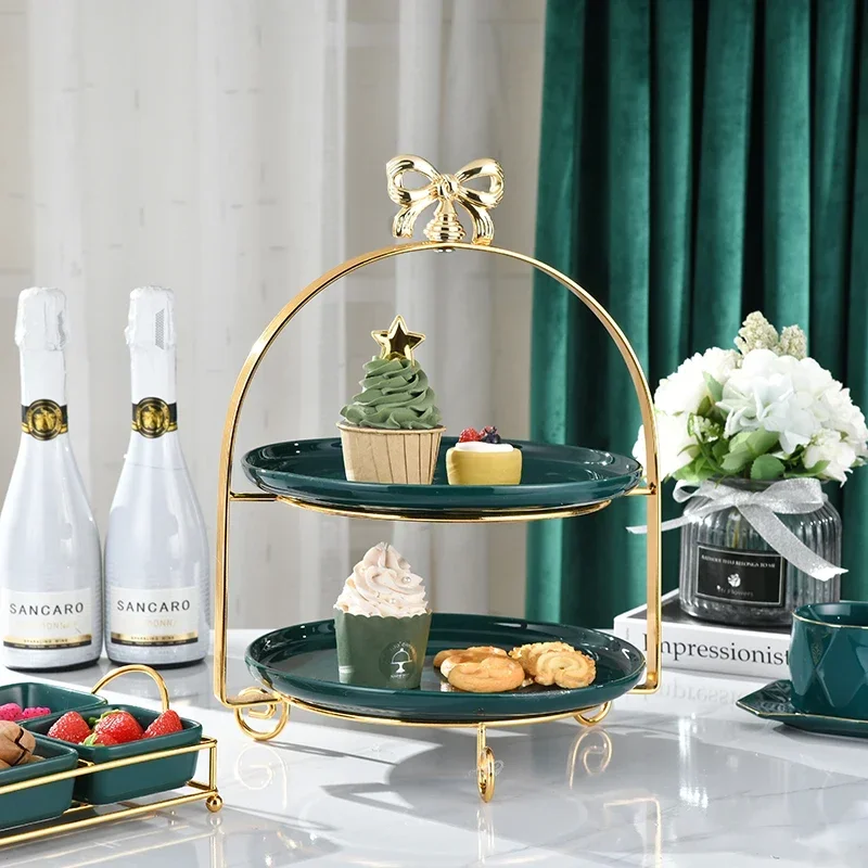 

Tiered Bow Cake Stand With Plates Elegant Dessert Display Holder Fruit Pastry Serving Tray Buffet Decor Decorative Platter