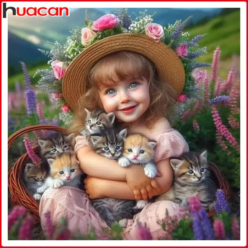 HUACAN New Diamond Painting Little Girl And Cats Embroidery 