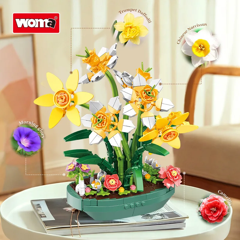 

WOMA Simulated Daffodil Building Blocks Preserved Flower Potted Plant Educational Assembly Desktop Ornament Birthday Gift