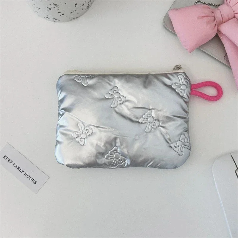 Silver Bow Pattern Wallet, Women's Headphones, Handbag, Keys, Storage Bag, Zipper Bag, Makeup Bag