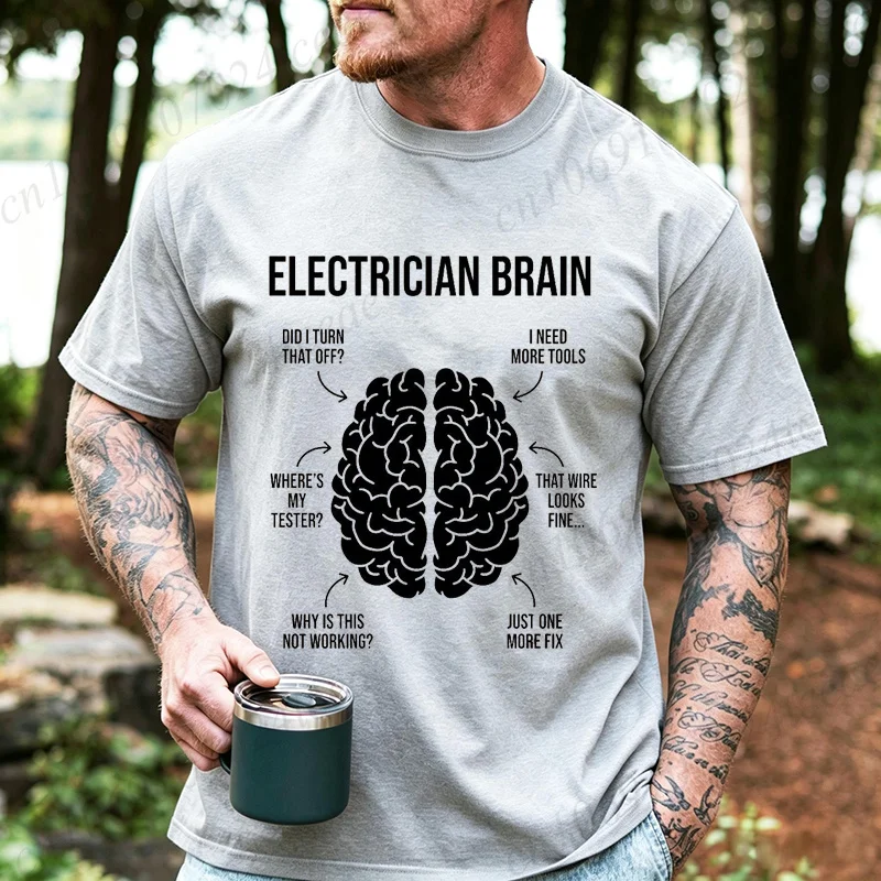 Men Electrician Brain Graphic T Shirt Funny Electric Worker Brain Thought Print Men's Tee T-Shirts Technician Electrician Gifts
