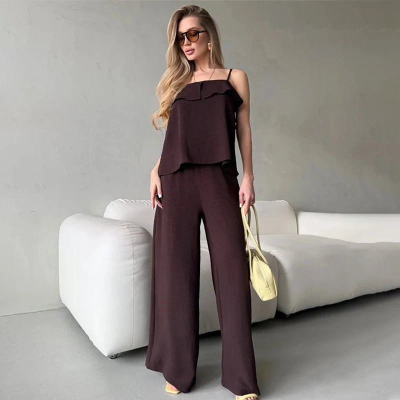 TARUXY Stylish Strappy Top Trousers Set Female Sleeveless Strappy Top Loose Trousers Set Women's Summer Commuter-Casual Suit Set