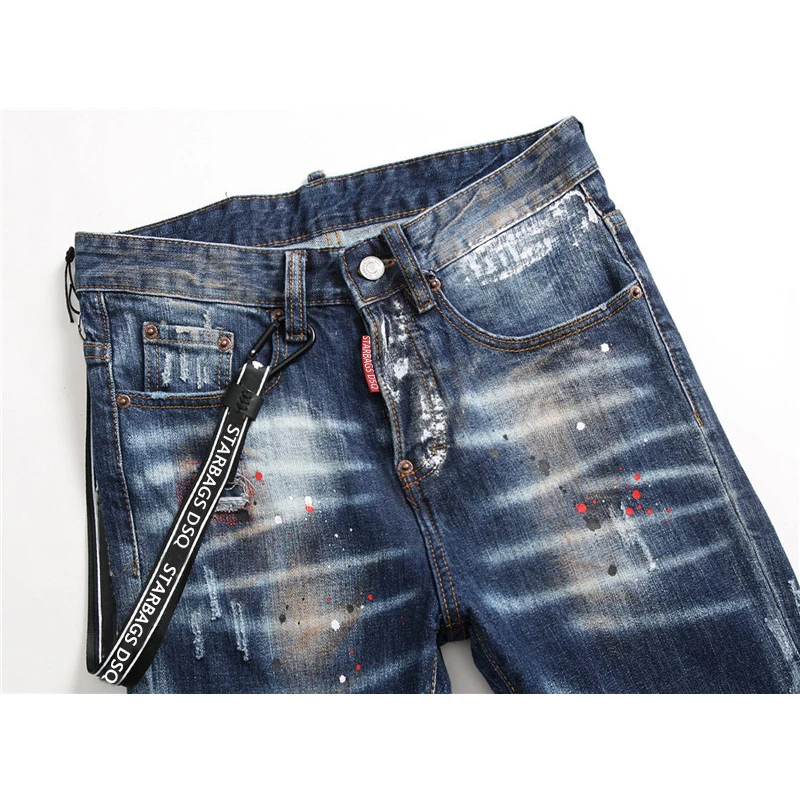 starbags dsq 1048 new Men's skinny Skinny jeans Ripped Fabric Non-stretch Paint Splash vintage blue jeans