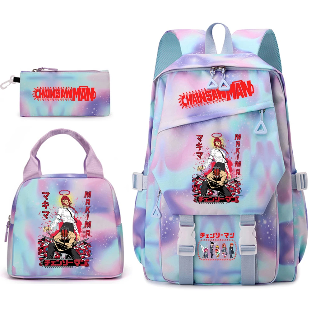 

Chainsaw Man Anime Print Student Backpack Set with Lunch Bag Pencil Case Casual Daypack for Girls School