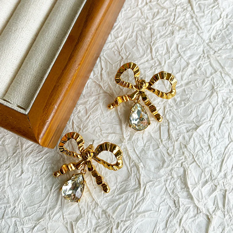 Waterdrop cz stone bowknot dangle earrings for women cute dainty earrings for teenage girls summer accessory