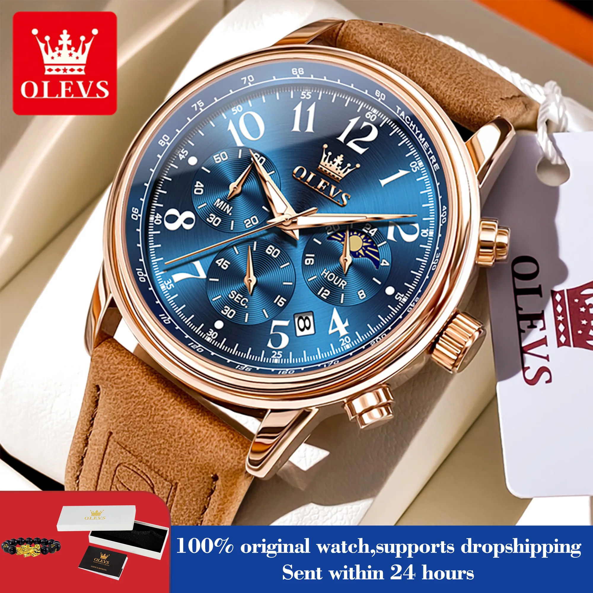 

OLEVS 2912 спортивные кварцевые часы с хронографом для мужчин, номер фазы Луны, 43 мм, мужские часы с большим циферблатом, водонепроницаемые оригинальные ручные часы