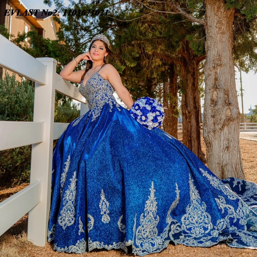 

EVLAST Customized Royal Blue Quinceanera Dress Ball Gown White Lace Applique Beading Mexico Sweet 16 Vestidos De 15 Anos E2Q11