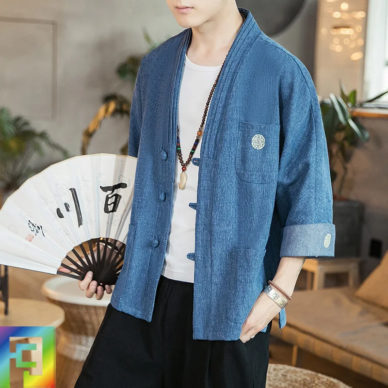 

Men Fashion Chinese Hanfu Cardigan Japanese Style Kimono Haori Robes Gown Jackets Retro Qipao Tops Denim Coats Casual Blouse