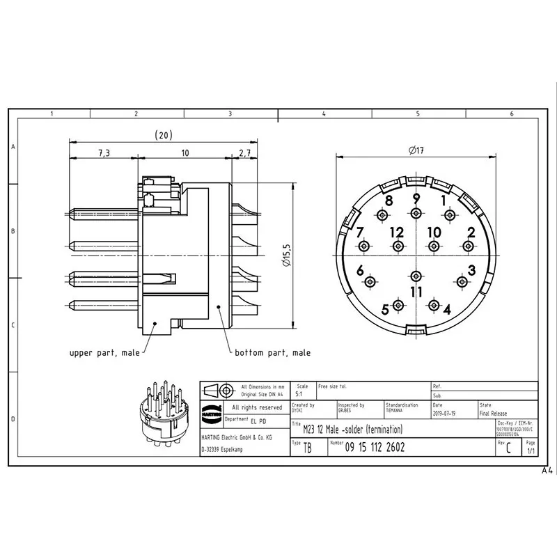 New HARTING 09151122602 M23 Male 12-pin, Circular Connector, Soldered Wiring 8A