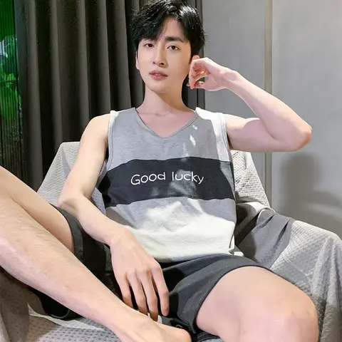 남성용 민소매 잠옷 세트, 코튼 라운지웨어, 반바지, 캐주얼 잠옷, L-4XL 여름