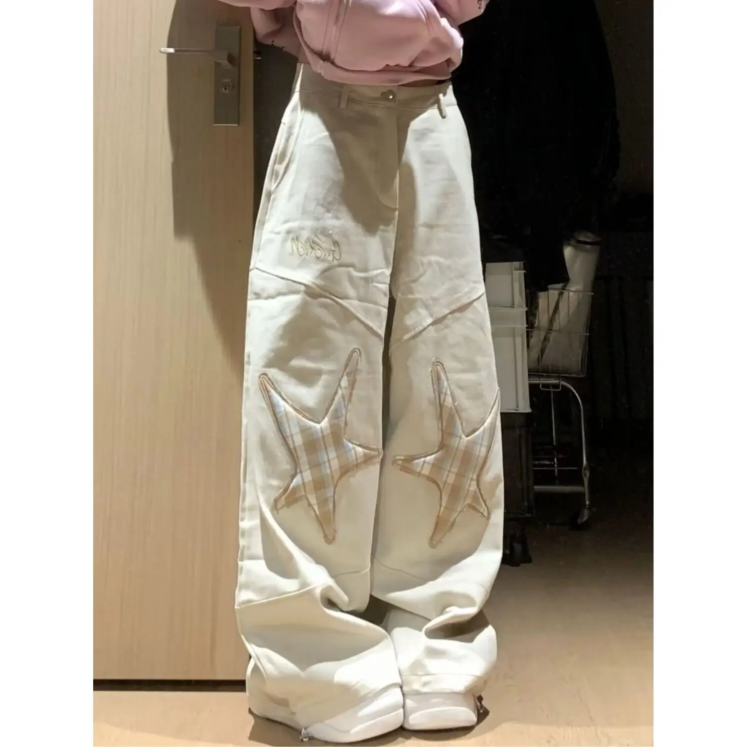 American Retro Star Plaid Embroidered Jeans New Wide-leg Trousers Men