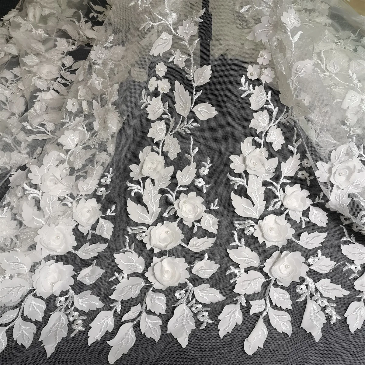 1yard 3d Flower Off White Color Pears Beaded Tulle Mesh Fabric Wedding Dress Sewing Lace Sell by Yard