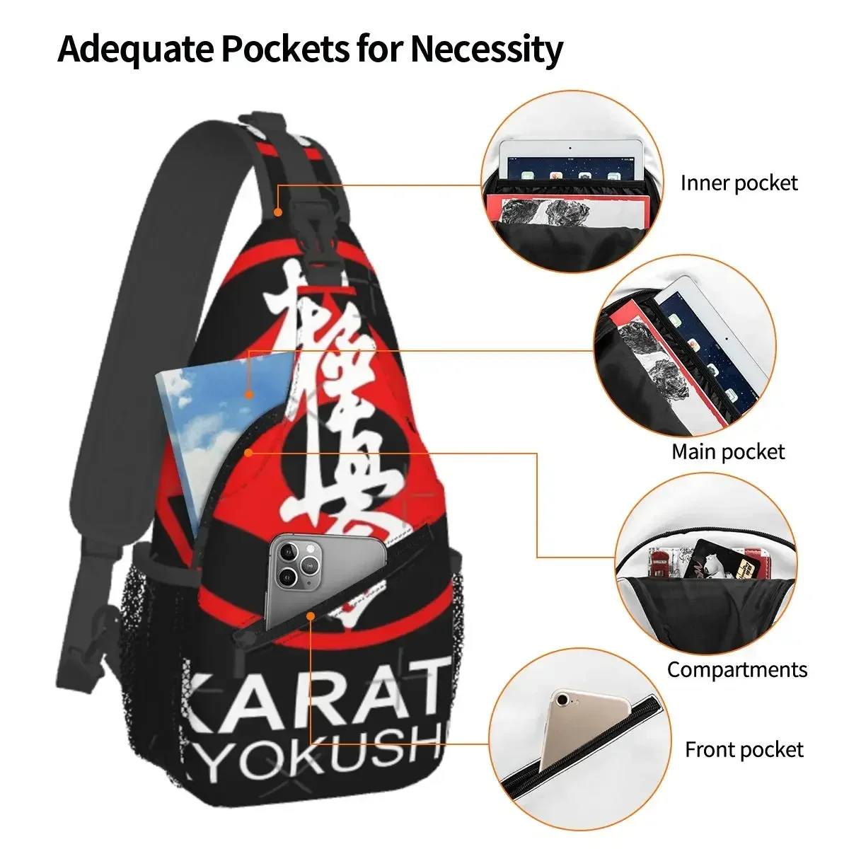 Bolsa de pecho con símbolo de Karate Kyokushin y Kanji, bolsa de pecho cruzada diaria de tela de poliéster moderna personalizable