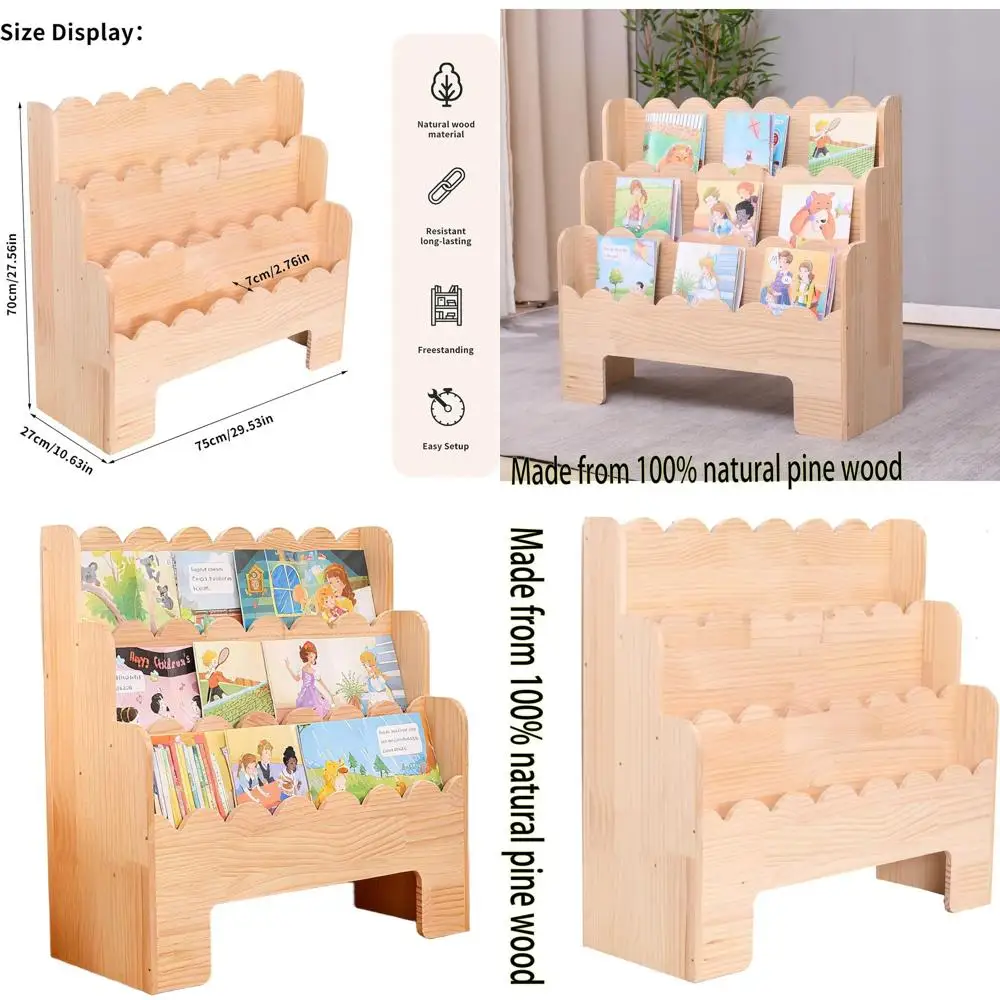 

3-Tier Montessori Toddler Bookshelf, Scalloped Design for Kids, Nursery & Classroom Use