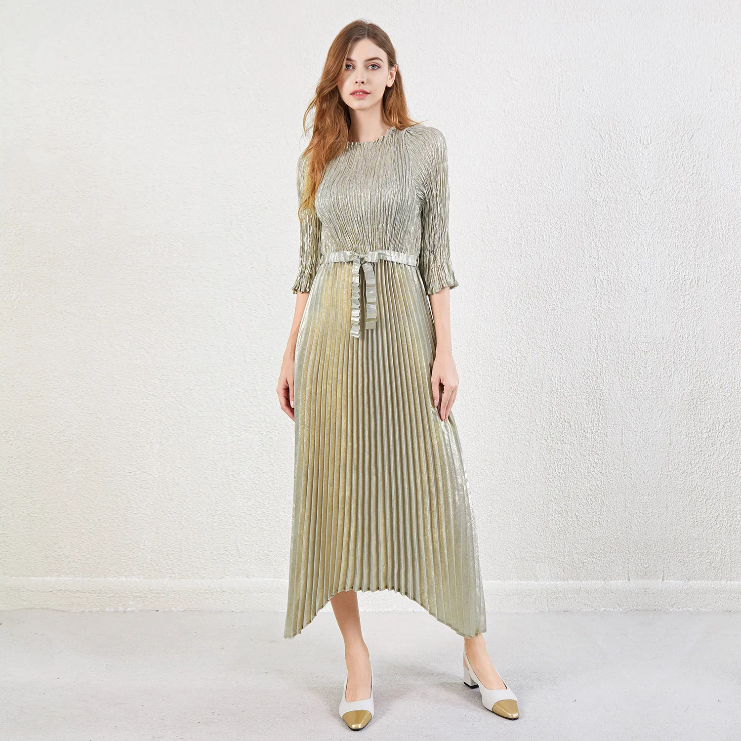 Miyake Celebrity Medium Sleeve Shirt Dress Women's Fashion Metal Sense Lace Up Pleated Over Knee Mid Length Skirt Evening 2024