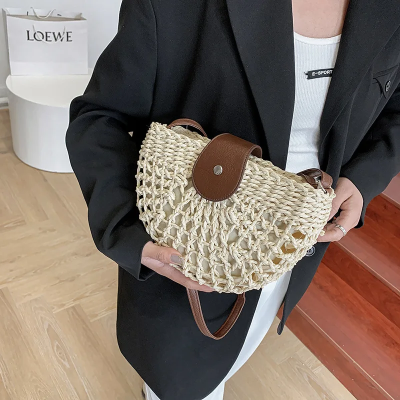 Yogodlns Sommer Stroh Tasche Für Frauen Mode Halbkreis Umhängetaschen Rattan Handgemachte Messenger Handtasche Reise Strand Taschen Tote – Detail 13