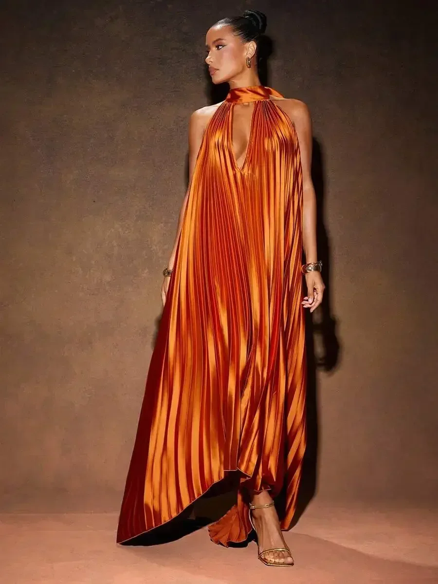 

Sexy Elegant Pleated Solid High Low Backless Halter Maxi Dress