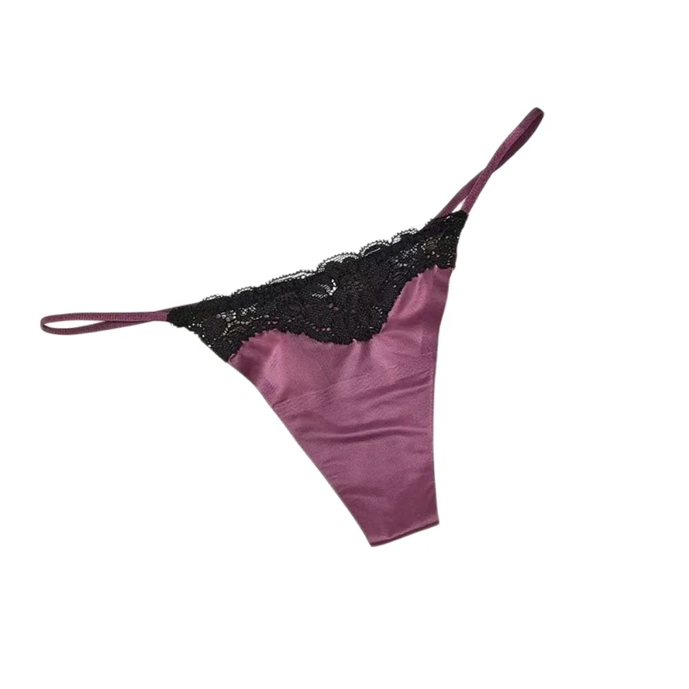 Fashion Cotton Crotch Lace Ice Silk Thong Low Waist Thin Strap Bikini Briefs Solid Color Traceless T-back Panties Daily Wear