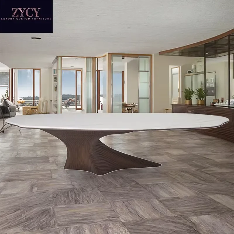 Italian Style Oval Sintered Stone Dining Table with Wooden Root Base and Customizable Chairs for High End Restaurants