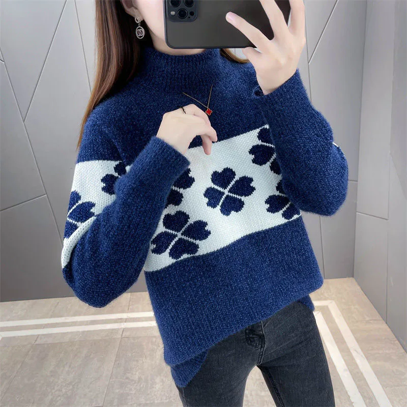 Autumn and Winter Fashion Trend Color Matching Chenille Plush Thick High Neck Loose and Versatile Westernized Women's Sweater