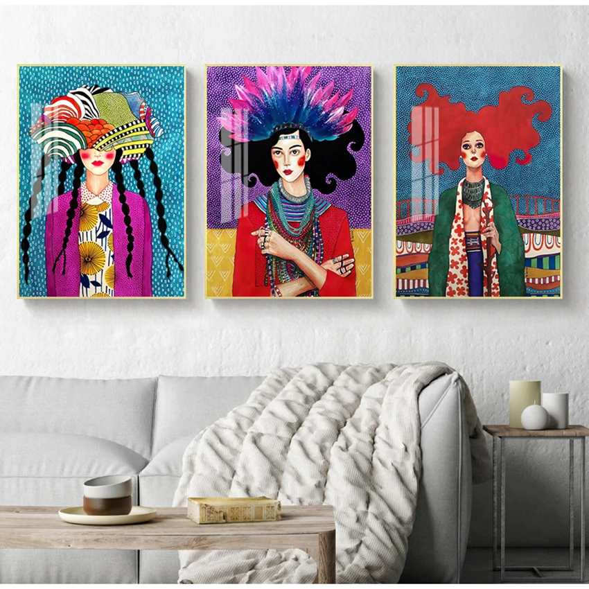 Wall Art Pictures For Living Room Bedroom Nordic Handdraw Characters Style Colorful Canvas Painting Poster Print Decor