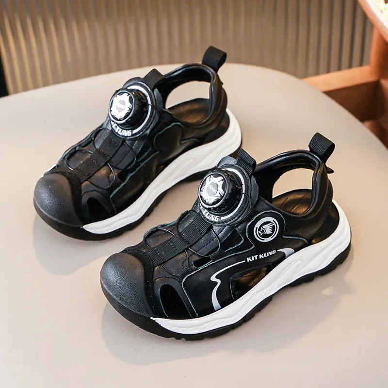 

2025 Summer Children's Sandals Fashion Soft Leather Anti Slip Boy's Sports Sandals Rotating Button Kid's Casual Beach Shoes