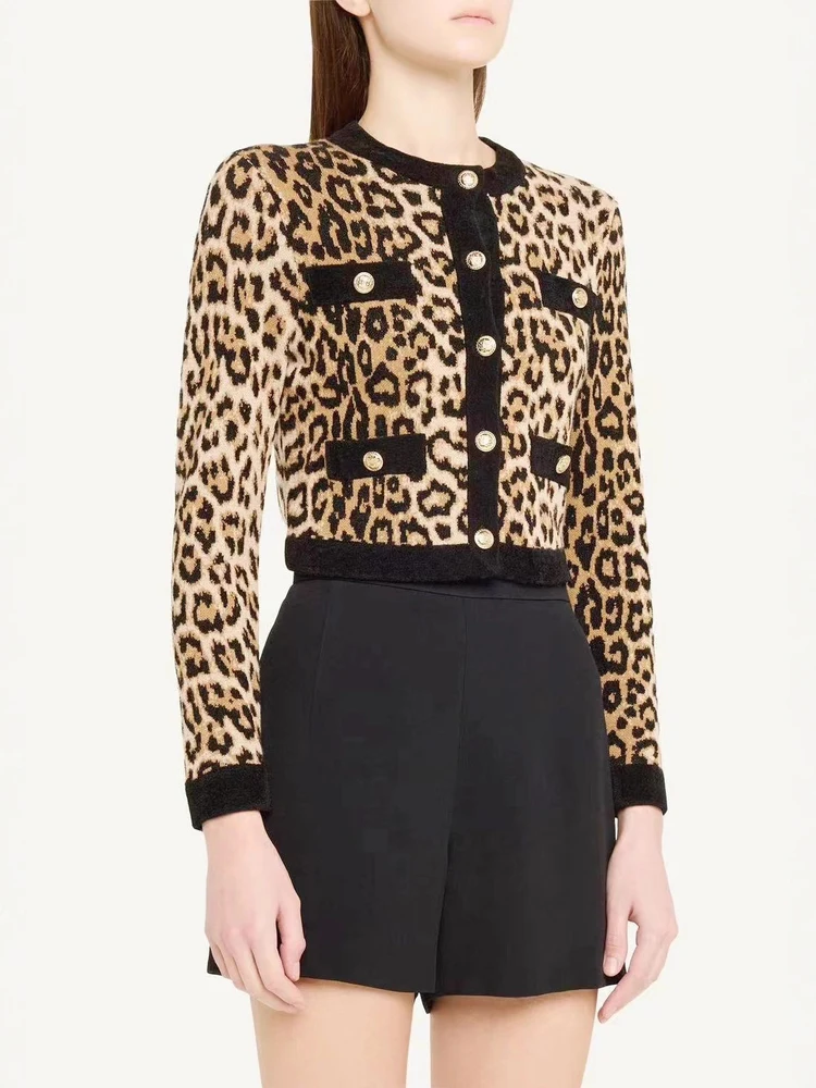 

High-End Version Parisian Sle Long Sve round Ne Knitted Cardigan Women's Slim Fit Faionable Leopard Print Open irt