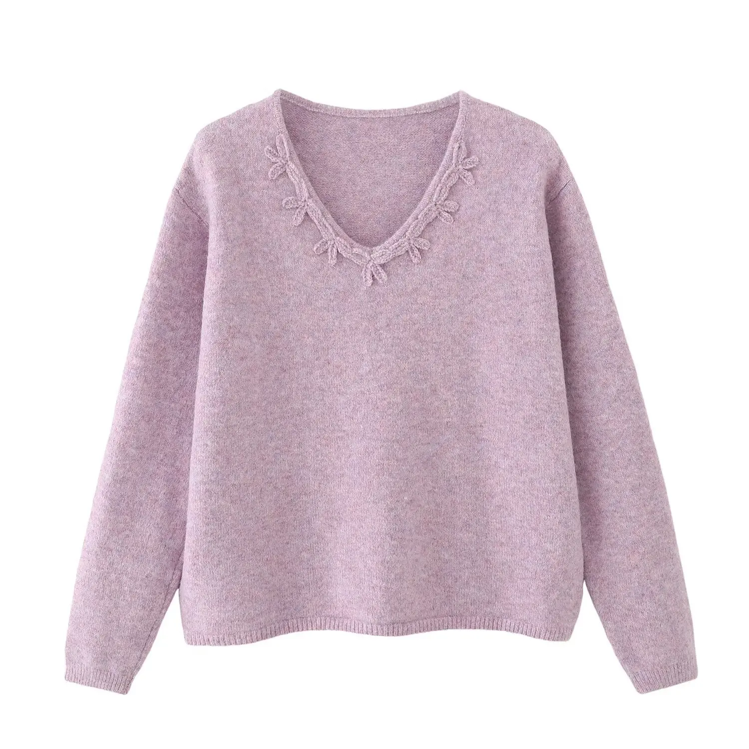 

Autumn Winter Fashionable Anti-aging Gentle Style Top Women's V-neck Knitwear Soft Fluffy 3D Flower Pattern Mid-length