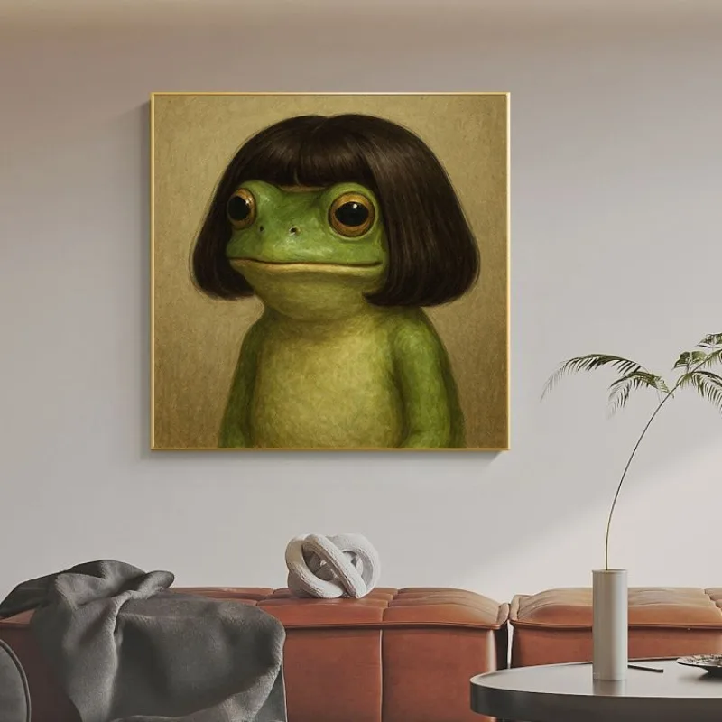Frog with Bob Haircut Wall Art Poster  Print Whimsical Frog Portrait Canvas Painting for Living Room Home Decor Cuadros