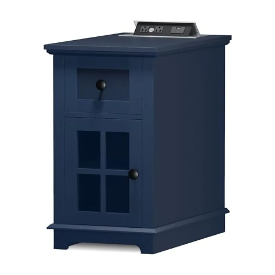 Narrow End Table with Charging Station Flip Top Side Table with Outlets USB-C 1 Drawer Adjustable Shelf Wood Nightstand for Bed