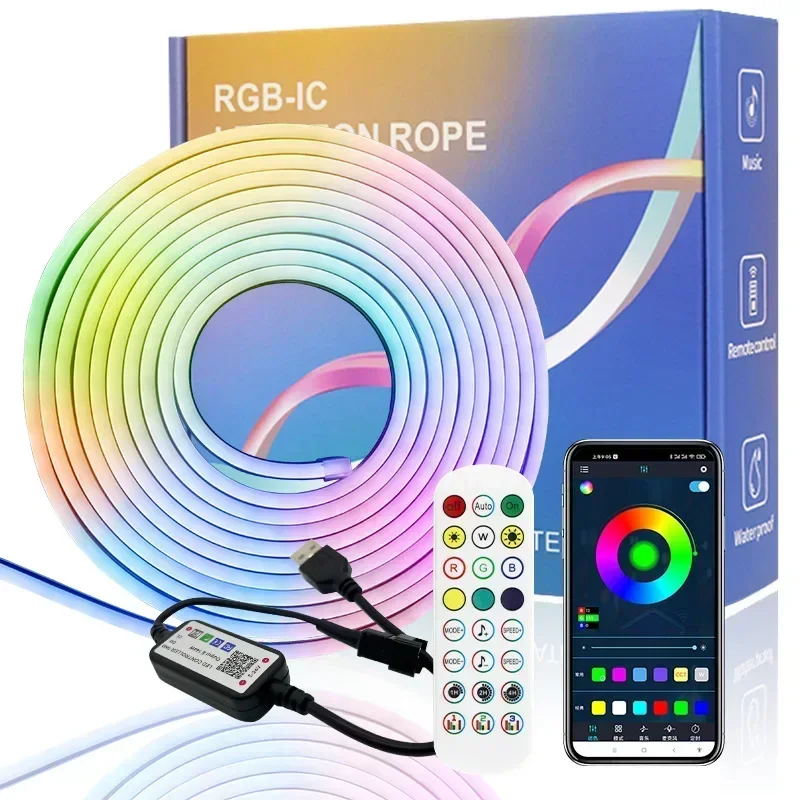 Bluetooth LED Neon LED Strip Lights Neon Rope Light with Music Sync RGBIC Dreamcolor Chasing Strip Tape for Room Gaming Decor