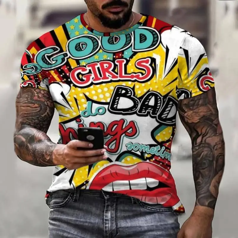 Men Pop Art Lips Letter Print T-Shirt Good Girls Bad Things Graphic Short Sleeve Casual Tops Multiple Styles