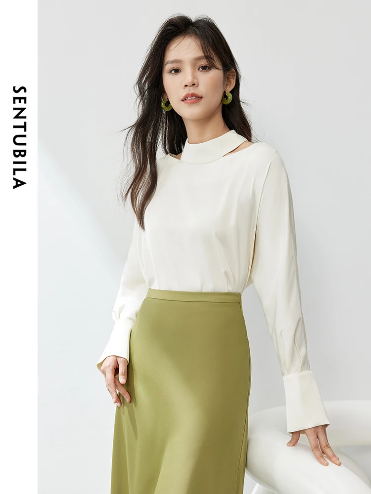 SENTUBILA Women Commute White Chiffon Blouse Woman 2024 Spring Autumn Fashion Cut Out Elegant Long Sleeve Tops Female 141V54187X