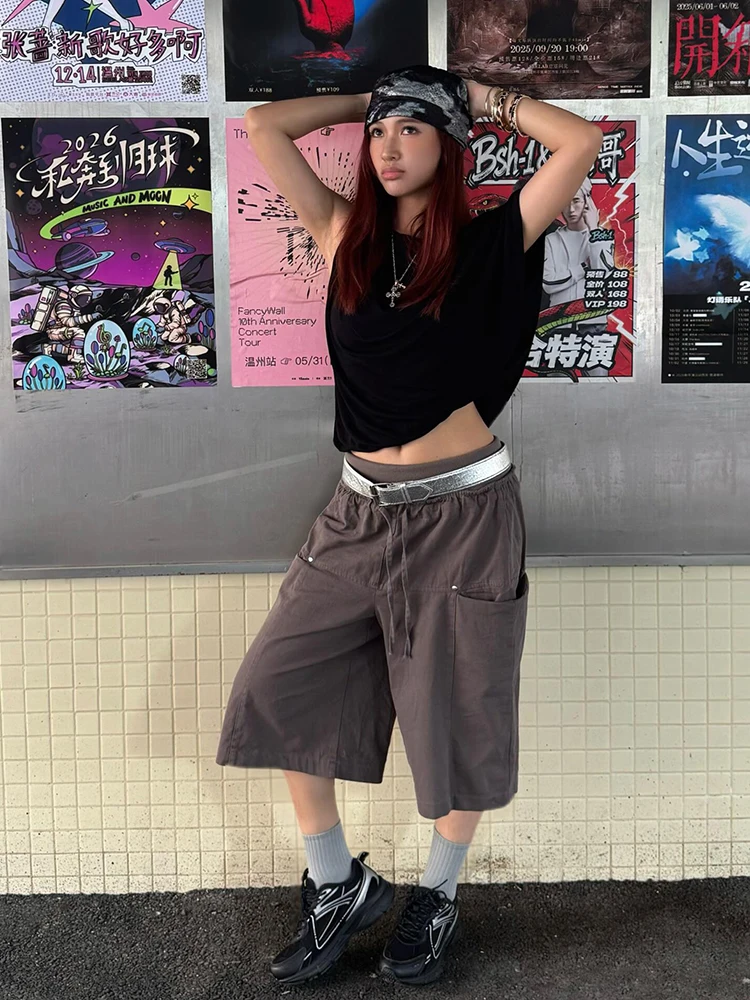 ReddaChic Knit Patchwork Women Cargo Shorts Summer Gray Low Rise Fold Over Big Pockets Baggy Bermuda Pants Retro Acubi Fashion
