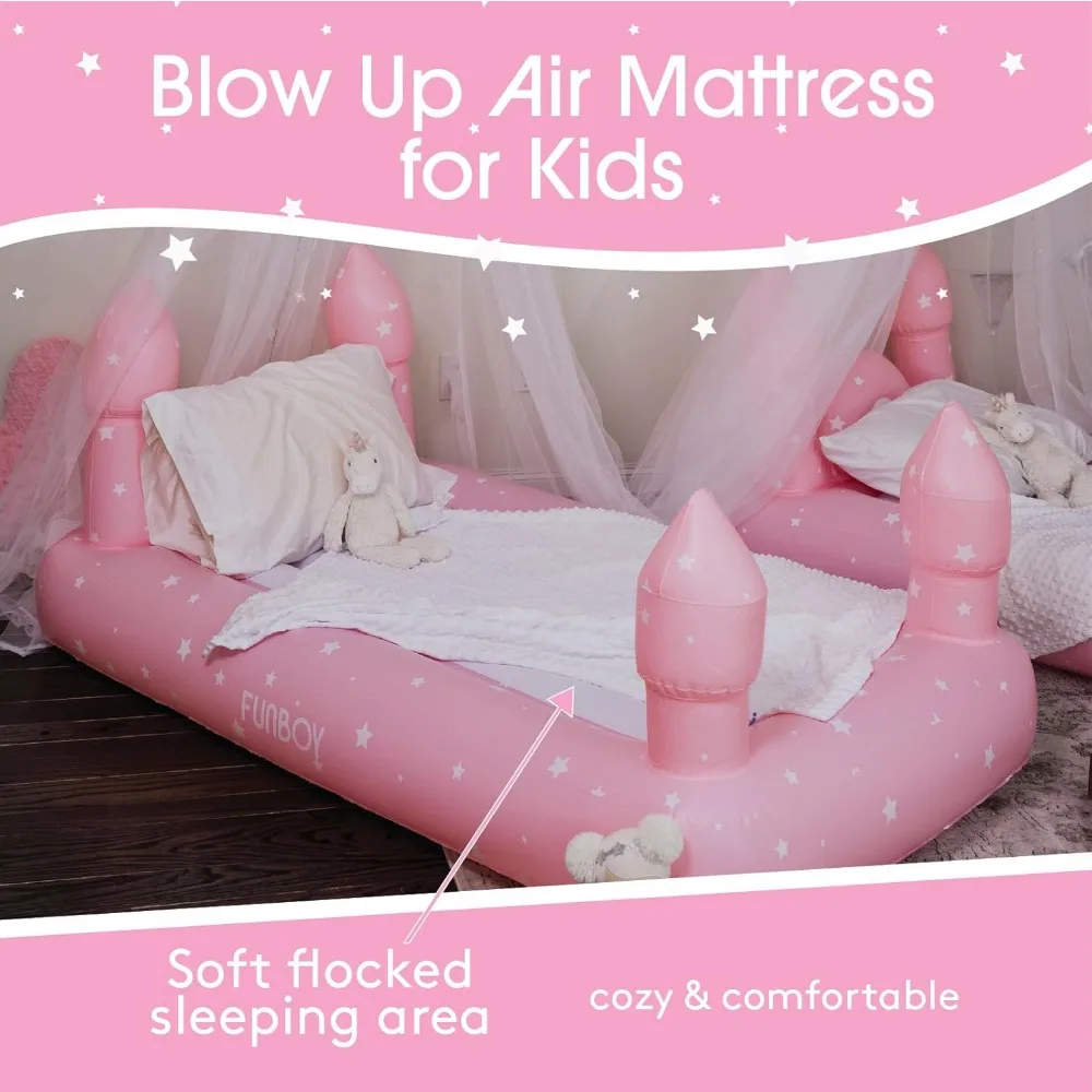 سرير قابل للنفخ على شكل قلعة وردية محمولة للأطفال مع حجم مزدوج وحقيبة تخزين